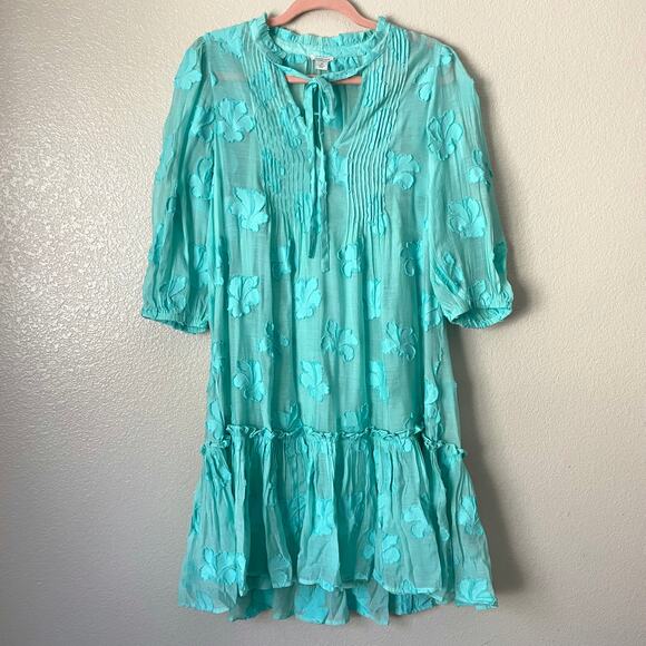 Sundance Dress Women Small Teal Fanciful Floral Mini Puff Sleeve Peplum Babydoll - Picture 3 of 11